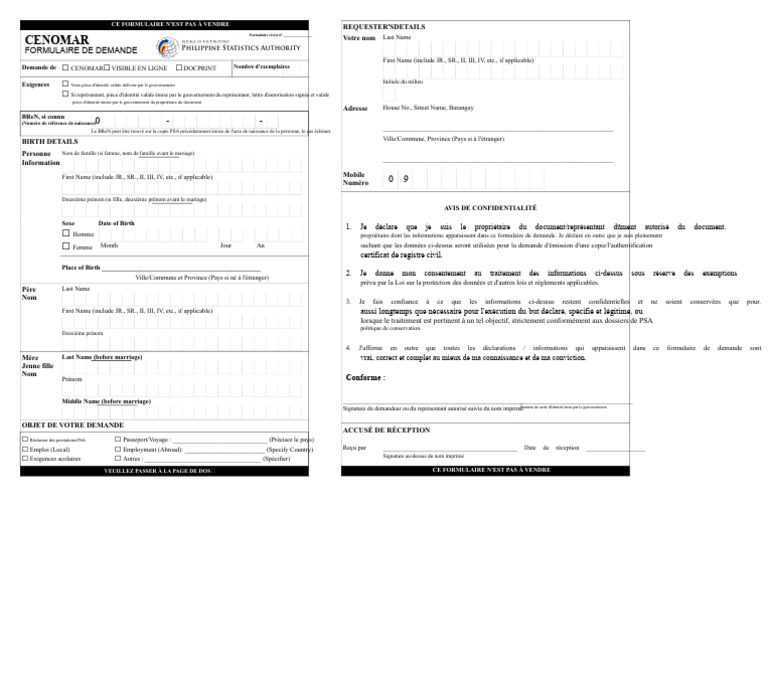 Formulaire de demande CENOMAR | PDF | Certificat de naissance