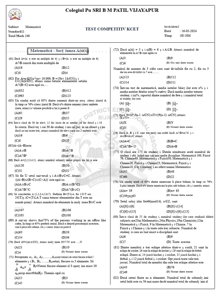 Kcet Matematică | PDF
