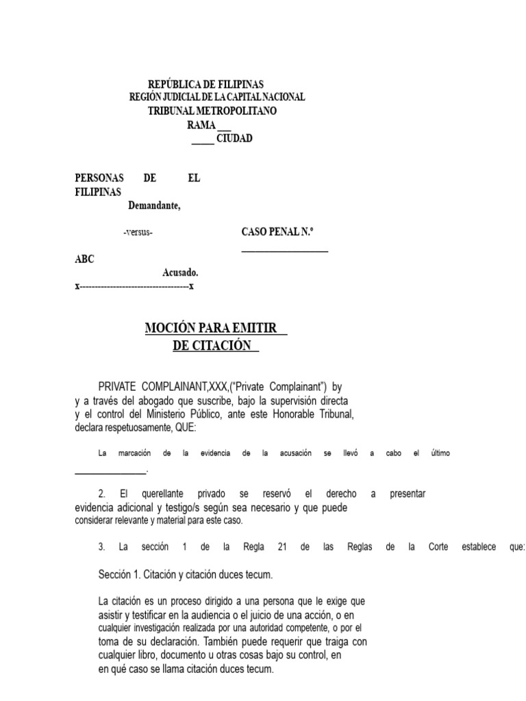 Moción de Citación en Caso Penal Filipinas | PDF | Judicaturas | Gobierno