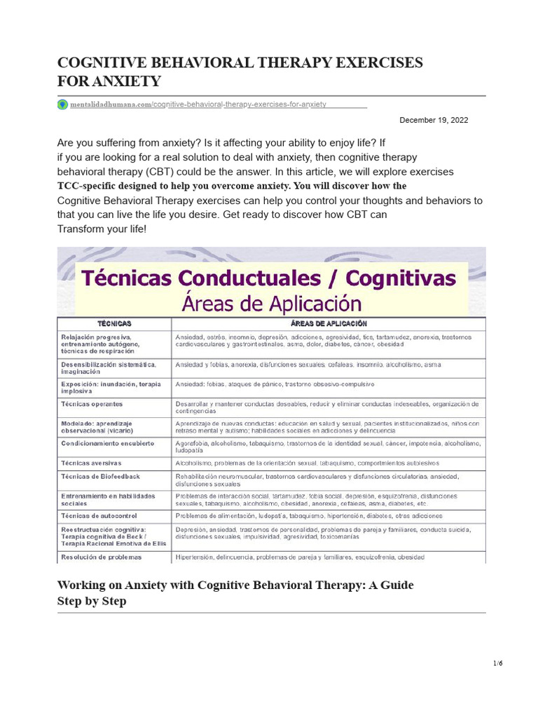 CBT Exercises to Overcome Anxiety | PDF | Cognitive Behavioral Therapy ...