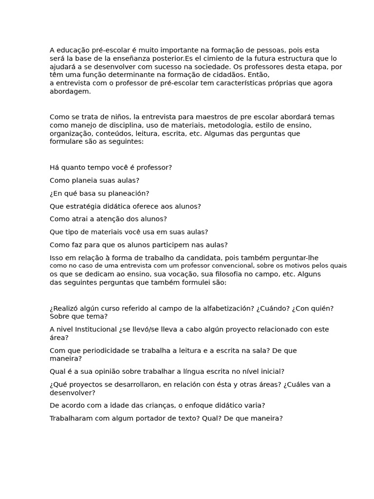 Perguntas para Uma Entrevista Com Um Professor de Educação Infantil | PDF