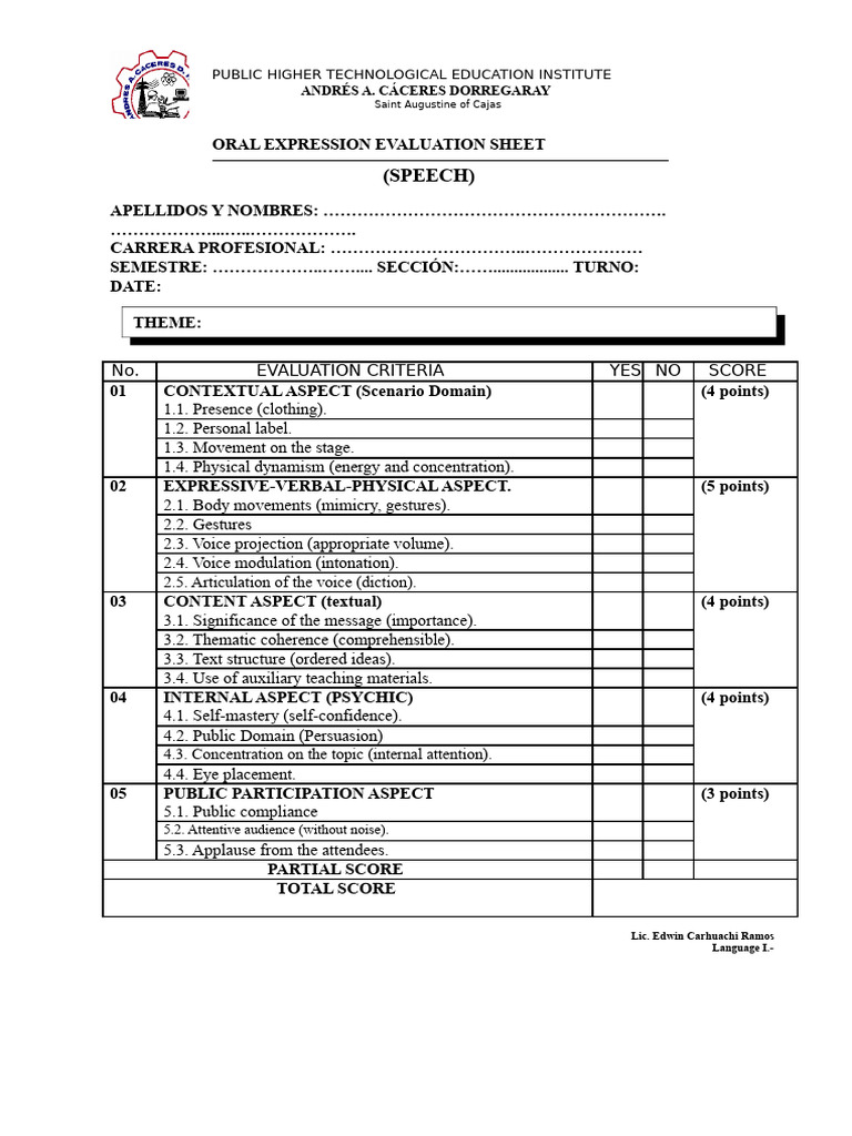Speech Evaluation Criteria Sheet | PDF