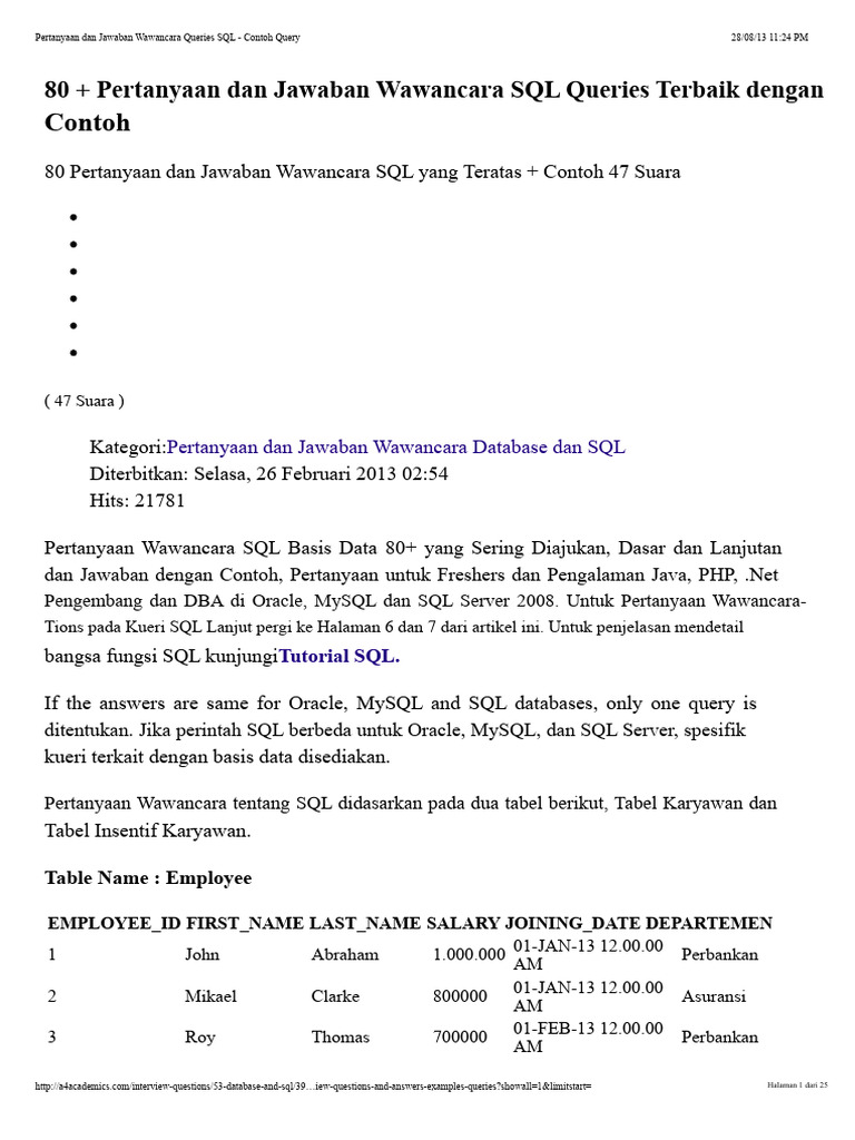 80+ Pertanyaan Wawancara SQL Terbaik | PDF