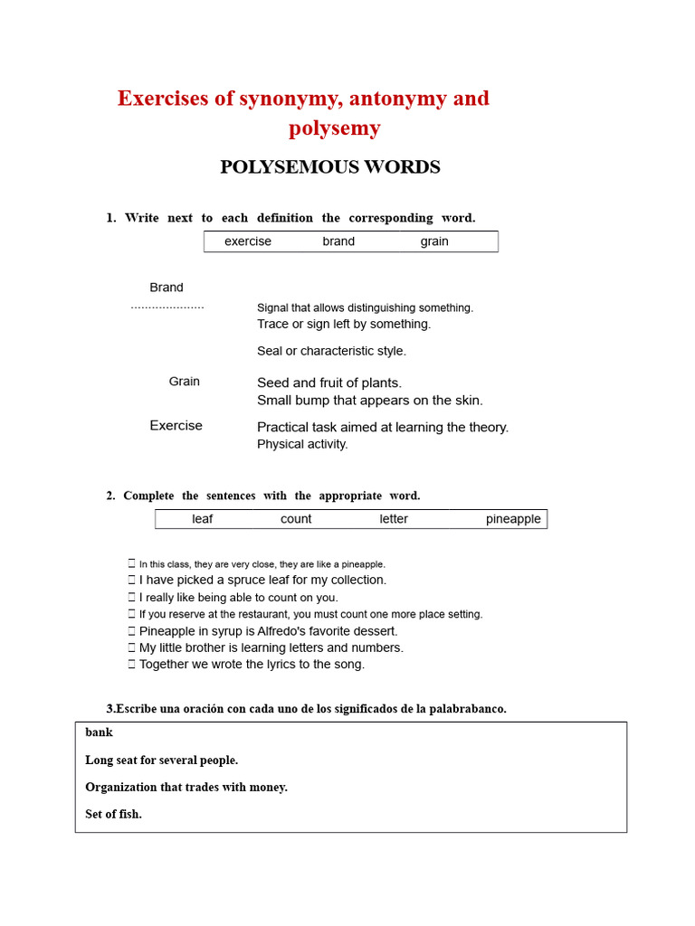 Exercises On Synonymy, Polysemy, and Antonymy-1 | PDF | Lexicology ...