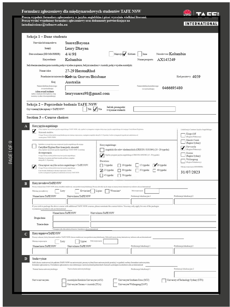 Formularz Zgłoszeniowy Dla Międzynarodowych Studentów TAFE NSW | PDF