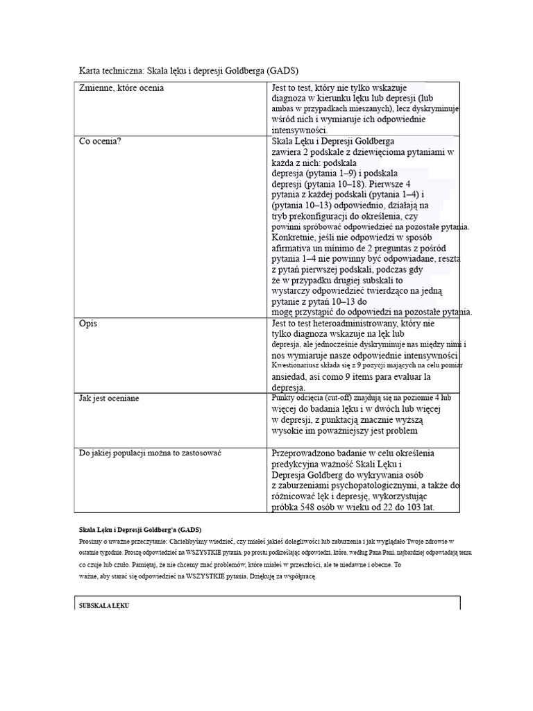 Karta Techniczna Skala Lęku I Depresji Goldberga (GADS) | PDF