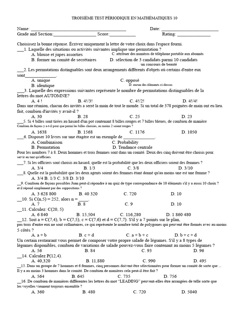 TEST QUESTIONNAIRE DE MATHÉMATIQUES 10 Partie 2 | PDF | Mathématiques