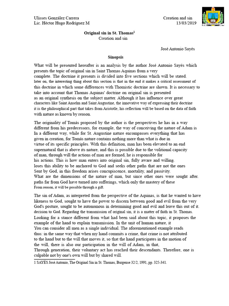 Original Sin in Aquinas' Doctrine | PDF | Original Sin | Thomas Aquinas