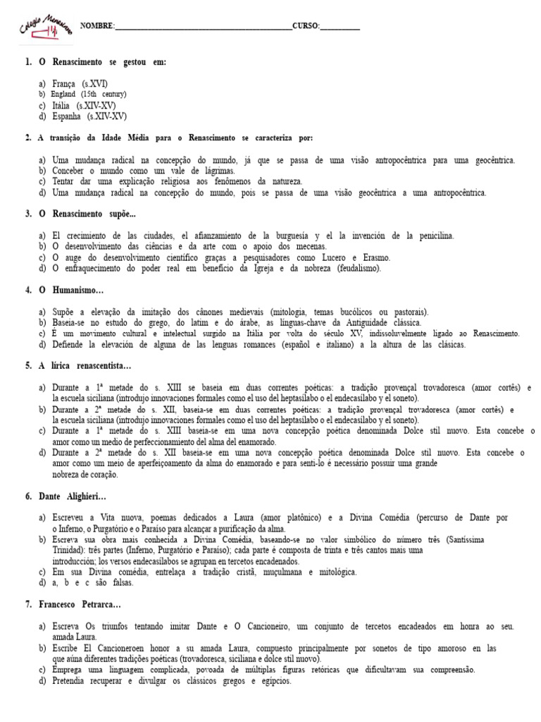 Questões sobre o Renascimento e Teatro | PDF | William Shakespeare ...