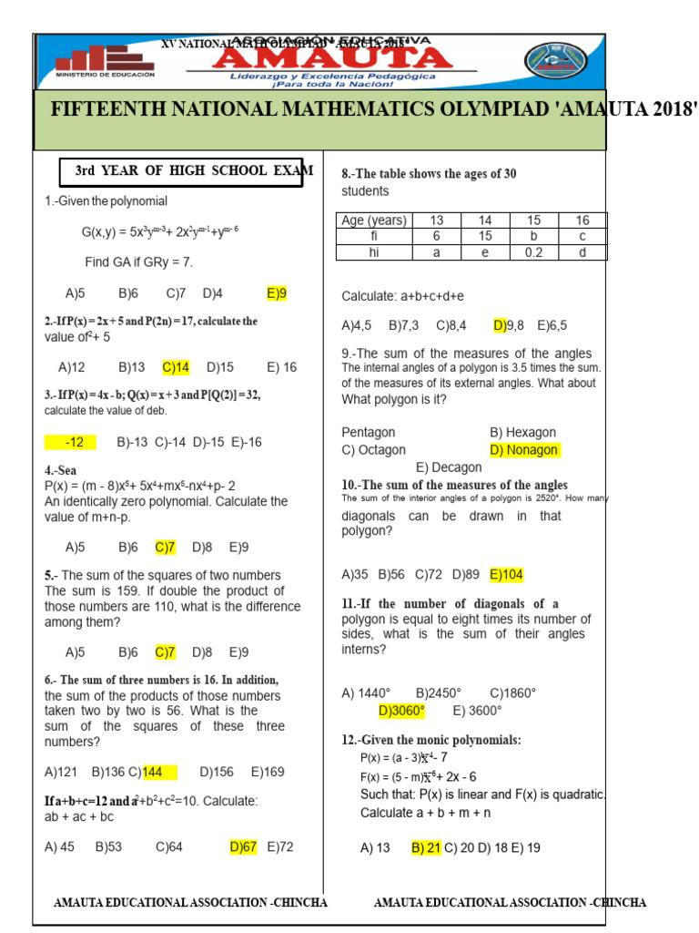 XV National Math Olympiad 2018 Exam | PDF | Quadratic Equation ...
