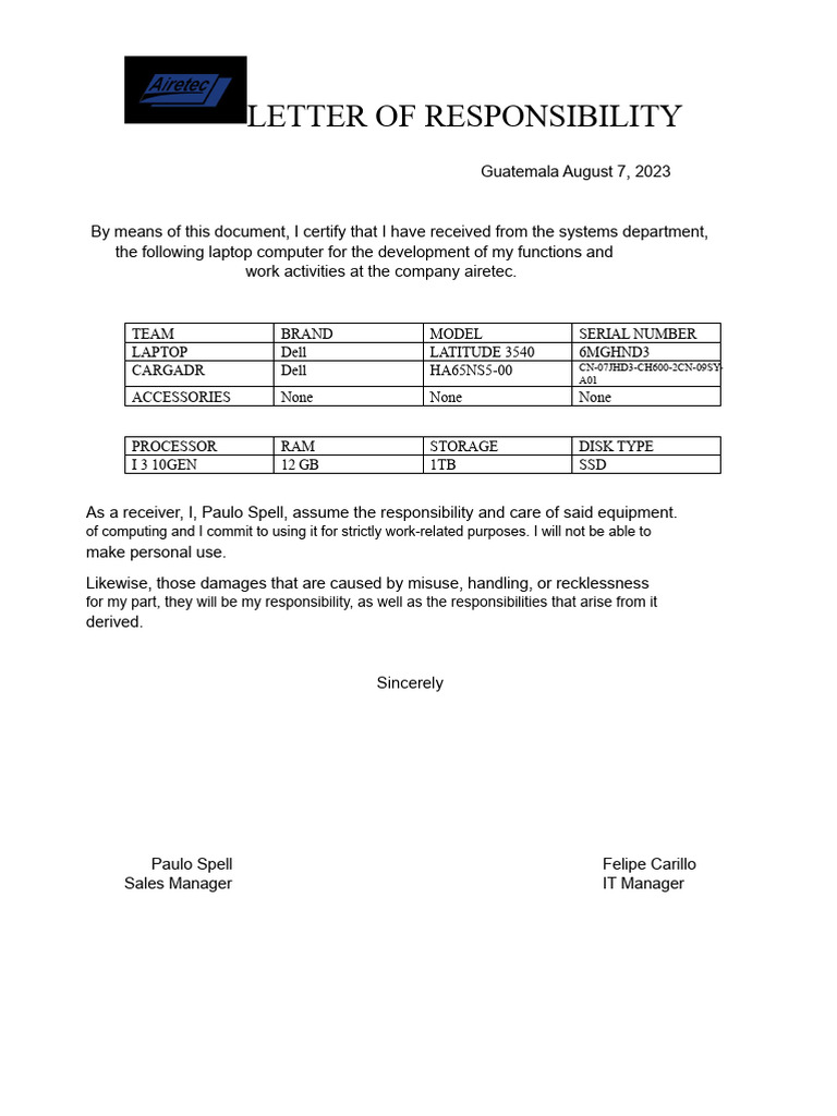 Laptop Responsibility Acknowledgment Letters | PDF | Laptop | Portable ...