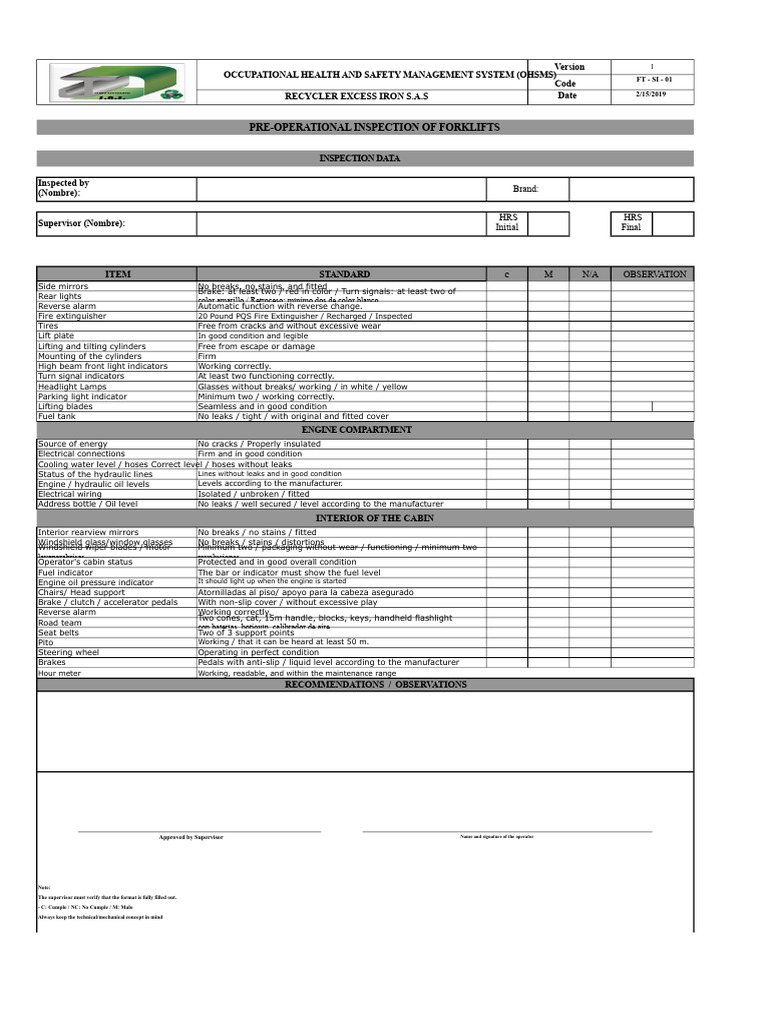 Forklift Pre-Operational Inspection Checklist | PDF | Forklift | Headlamp