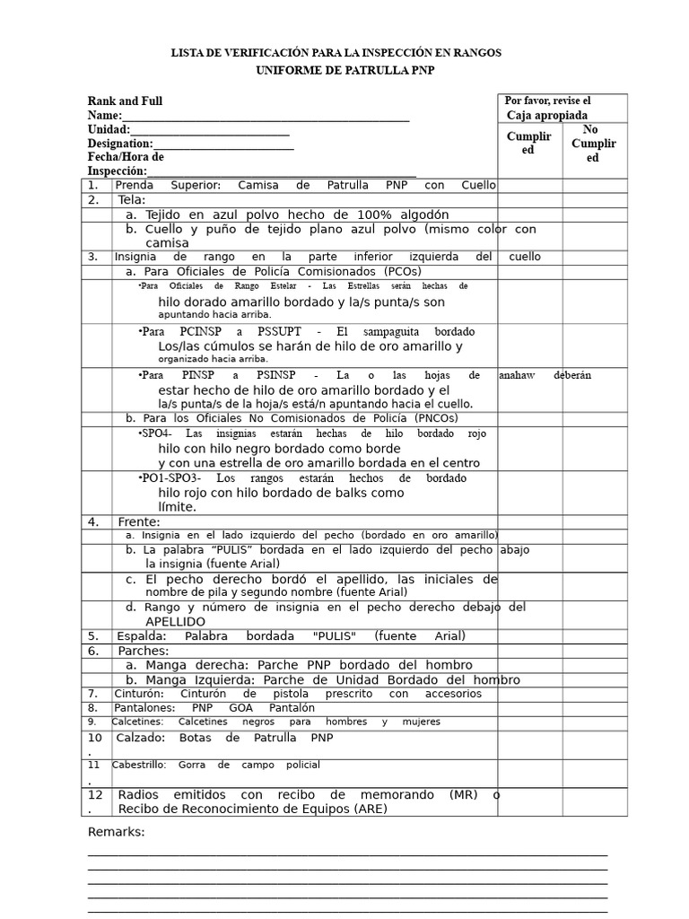 Inspección de Uniforme PNP: Checklist Completo | PDF | Ropa | Moda