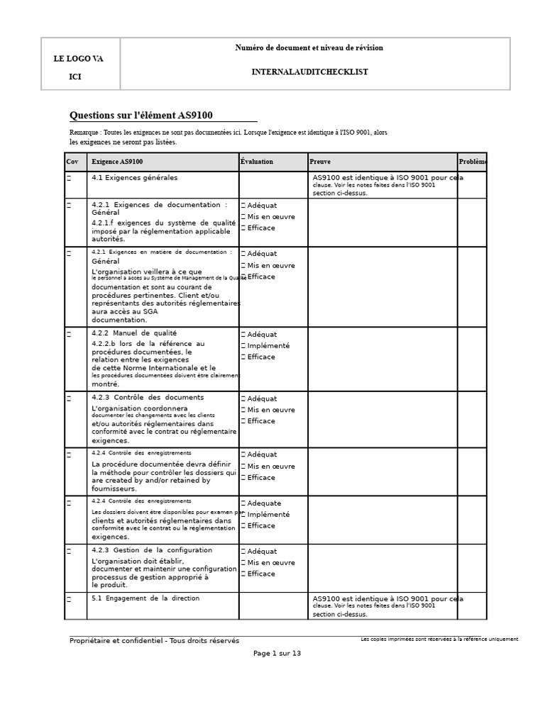Checklist d'Audit Interne AS9100 | PDF | Système de management de la ...