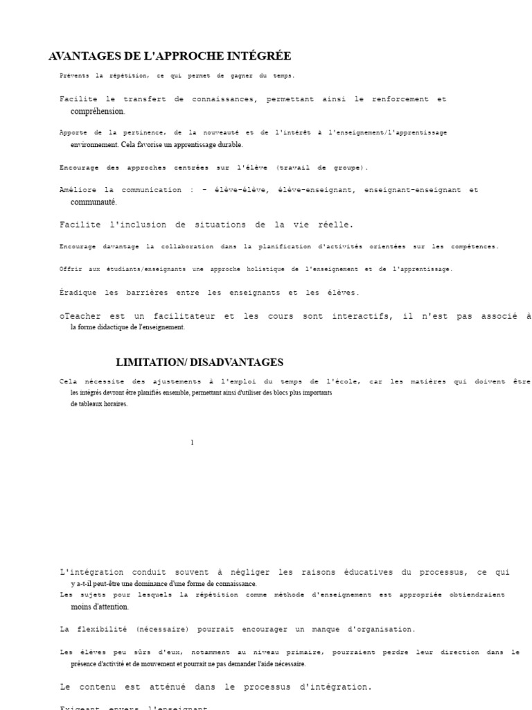 Avantages et limites de l'approche intégrée | PDF | Enseignement ...