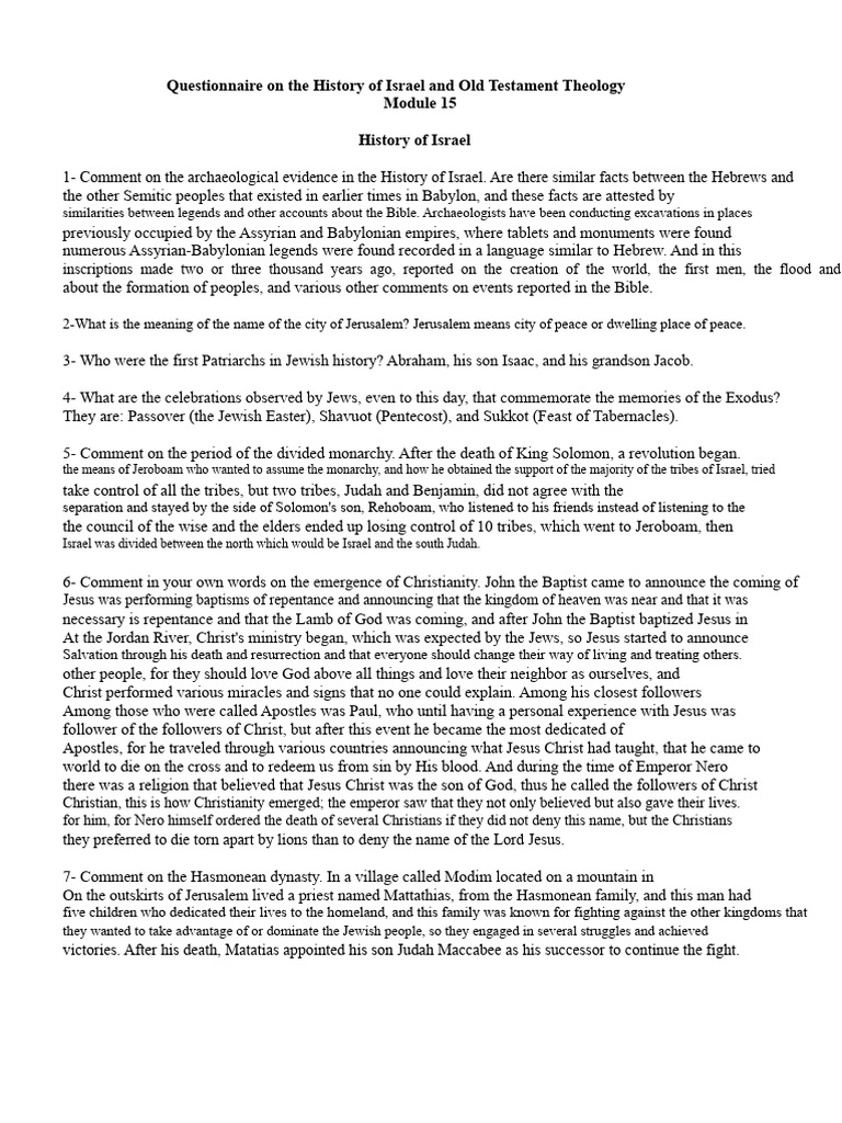 Module 15 Questionnaire On The History of Israel and The Theology of ...