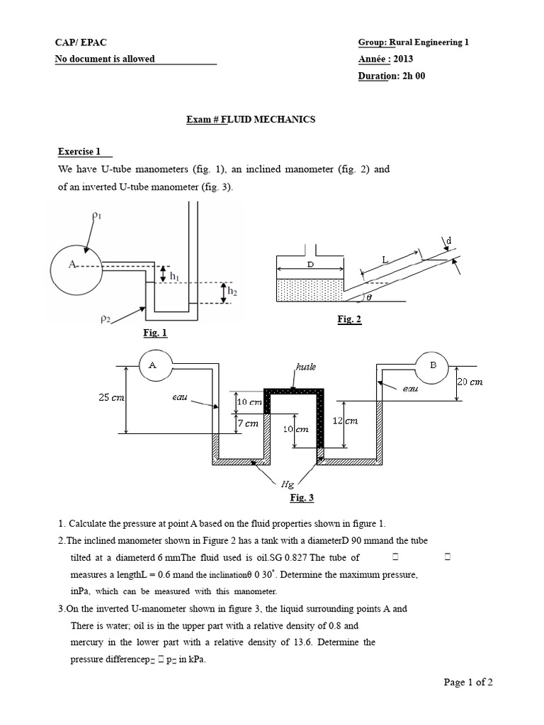 Fluid Mechanics - Exam | PDF | Pressure Measurement | Pressure