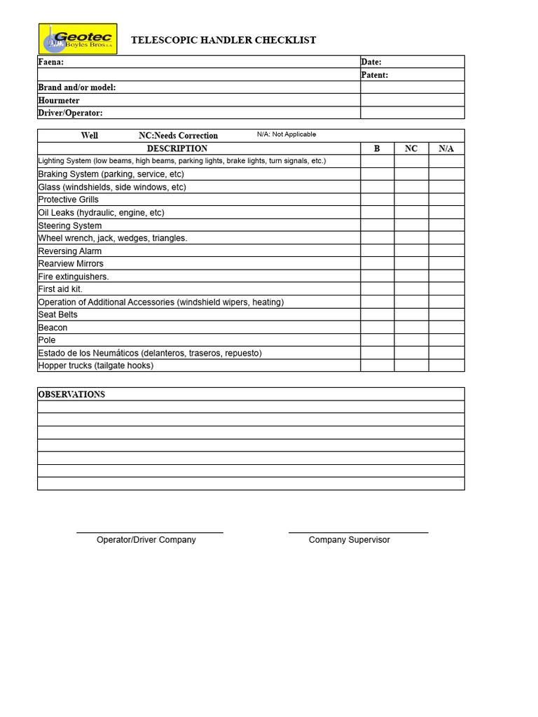 Telehandler Check List | PDF | Wheeled Vehicles | Land Vehicles