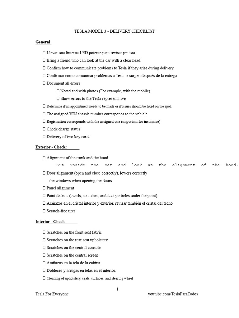 Tesla Model 3 - Delivery Checklist | PDF | Vehicle Technology | Wheeled ...