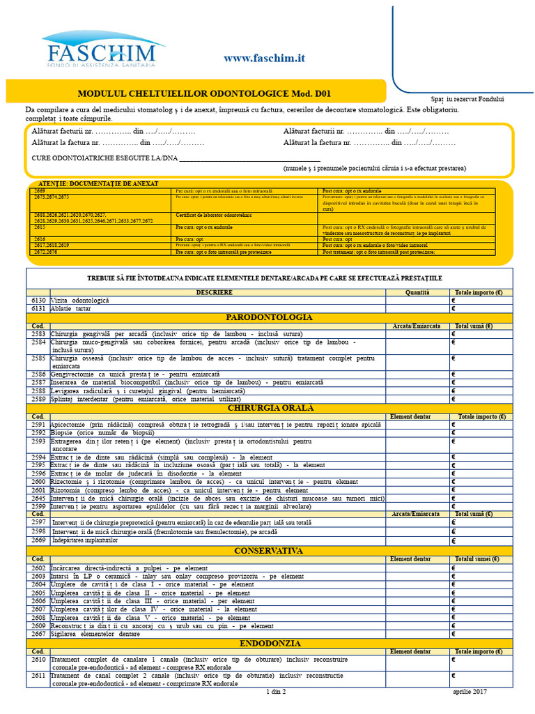 WWW - Faschim.it: Modulul Cheltuielilor Odontologice Mod. D01 | PDF