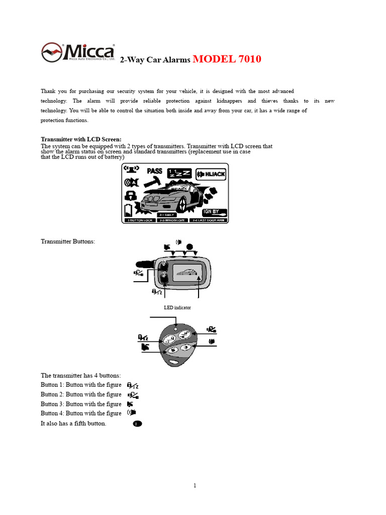2-Way Car Alarm Model 7010 Guide | PDF | Vehicles | Vehicle Technology