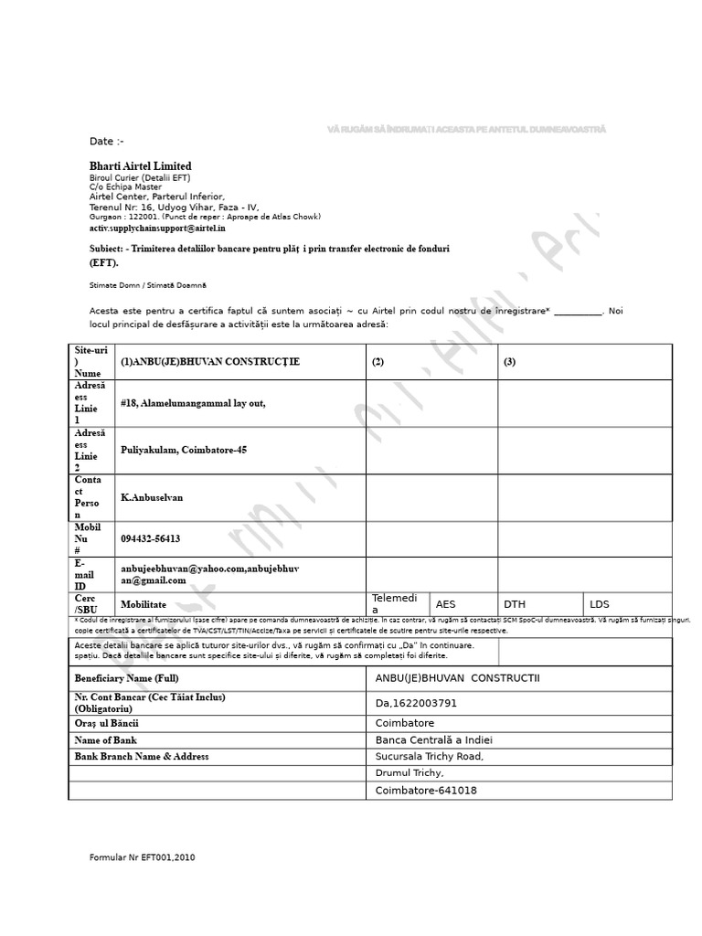 Formular de Trimitere Detaliile EFT Format Word 97 | PDF