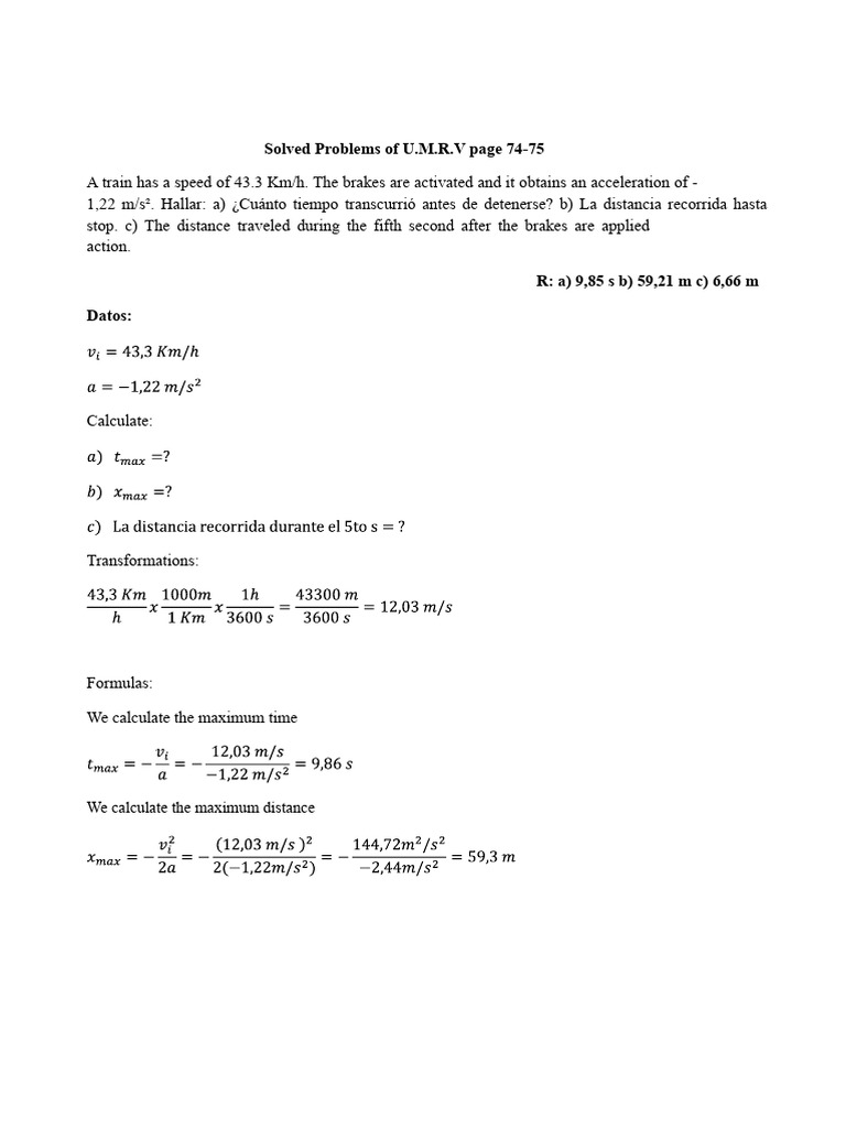 Solved Problems of U.M.R.V | PDF | Acceleration | Speed
