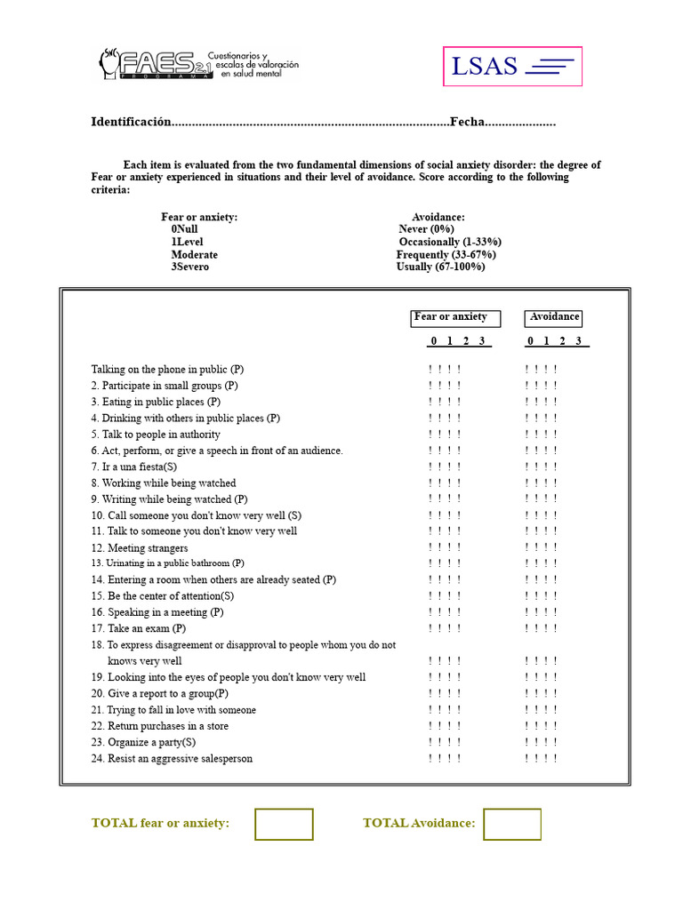 Social Anxiety Disorder Evaluation Tool | PDF | Social Anxiety Disorder ...
