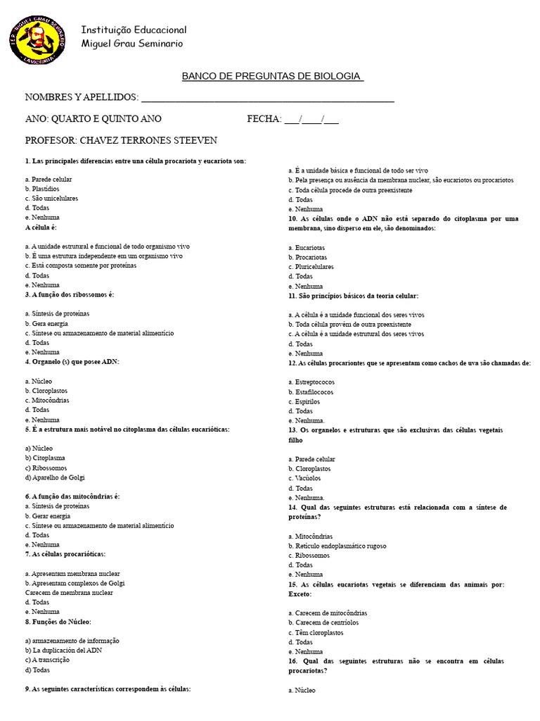 Banco de Perguntas de Biologia para Ensino Médio | PDF | Célula ...