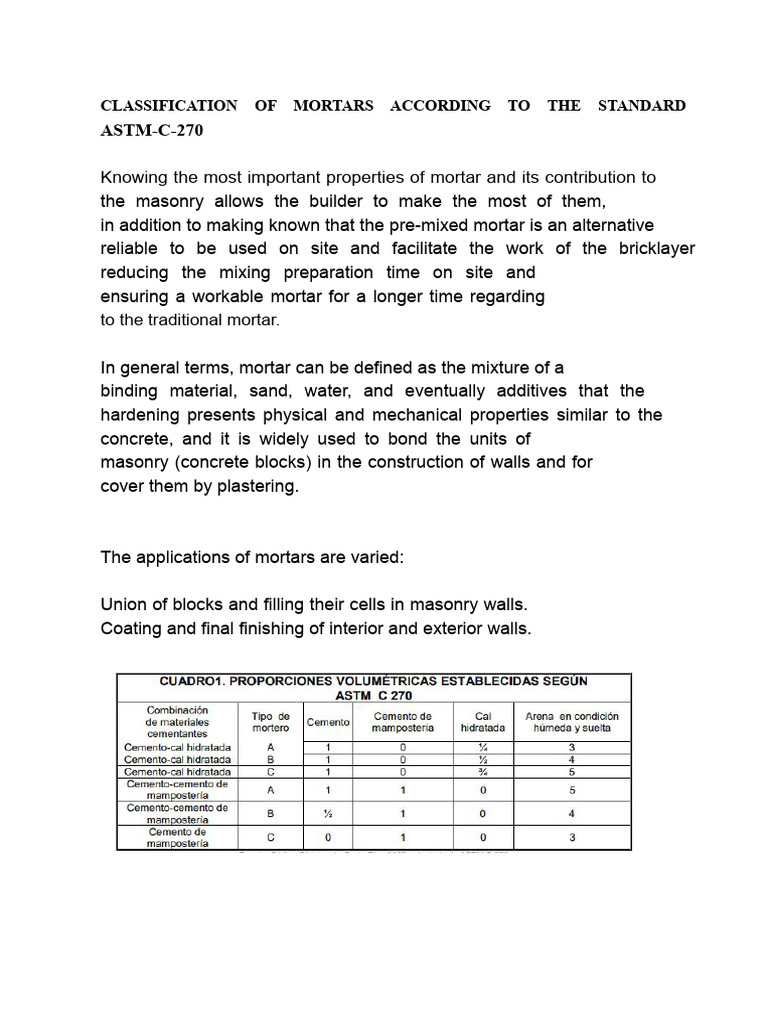 ASTM C270 Mortar Classification Guide | PDF | Mortar (Masonry) | Concrete
