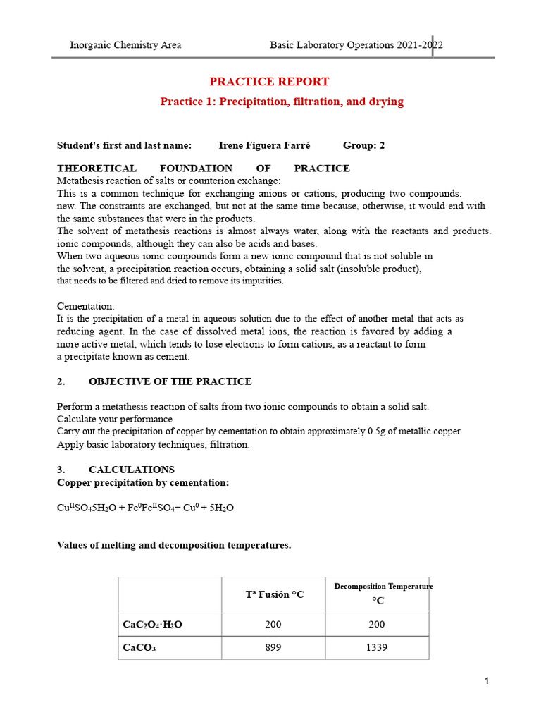 Report 1: Precipitation, Filtration, and Drying | PDF | Salt (Chemistry ...