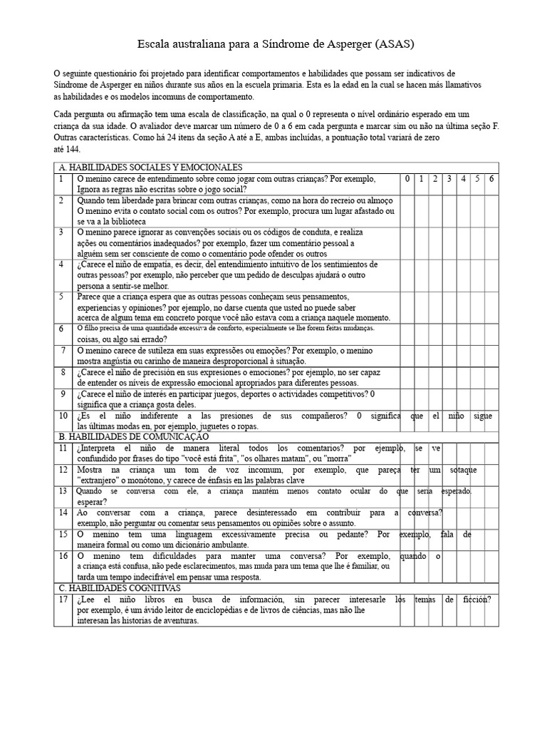 Escala ASAS para Diagnóstico de Asperger | PDF | Síndrome de Asperger ...