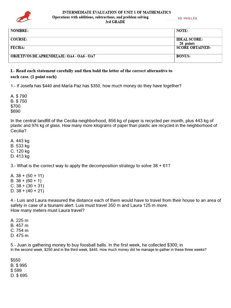 Evaluation of Operations and Problem Solving Third Basic | PDF