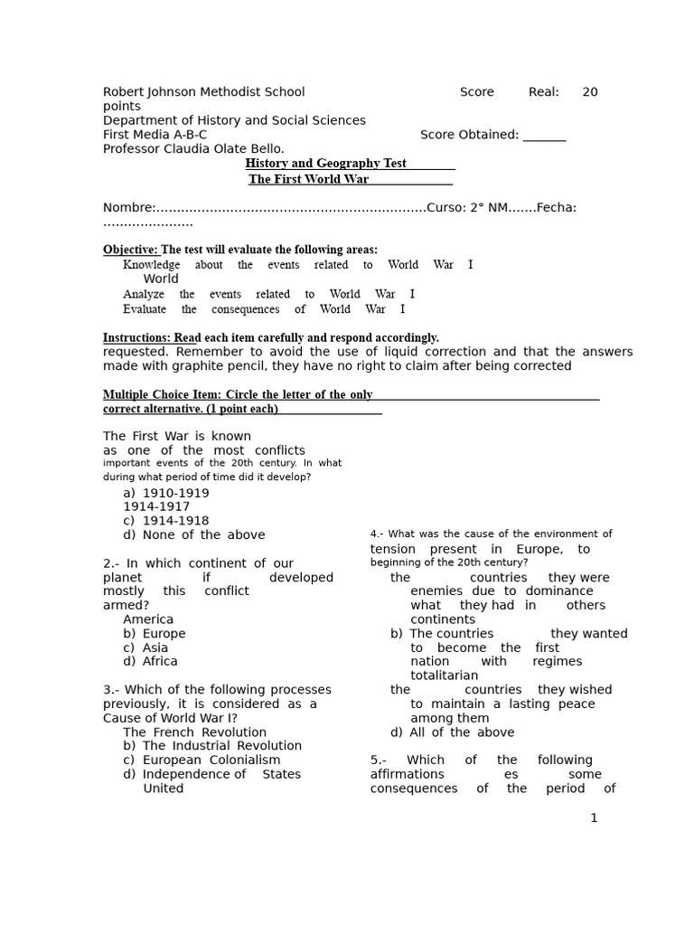 Test (World War I) | PDF | Multiple Choice | Allies Of World War I