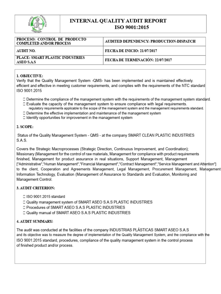 ISO 9001:2015 Internal Audit Report | PDF | Audit | Quality Management ...
