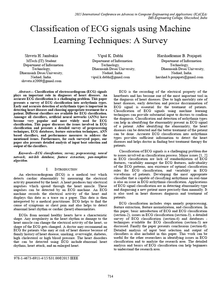 Classification Of Ecg Signals Using Machine Learning Techniques A
