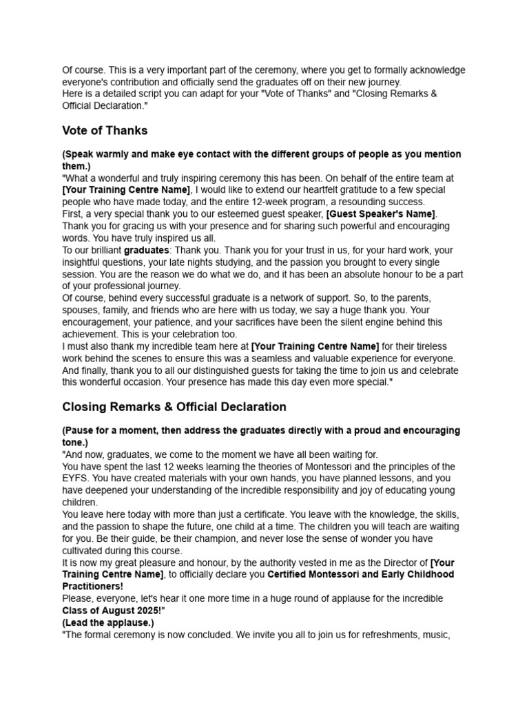 Graduation Ceremony Closing Remarks Script | PDF
