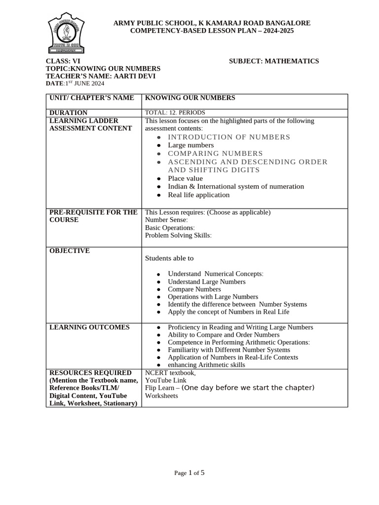 Class VI Math Lesson Plan: Numbers | PDF | Intelligence | Critical Thinking