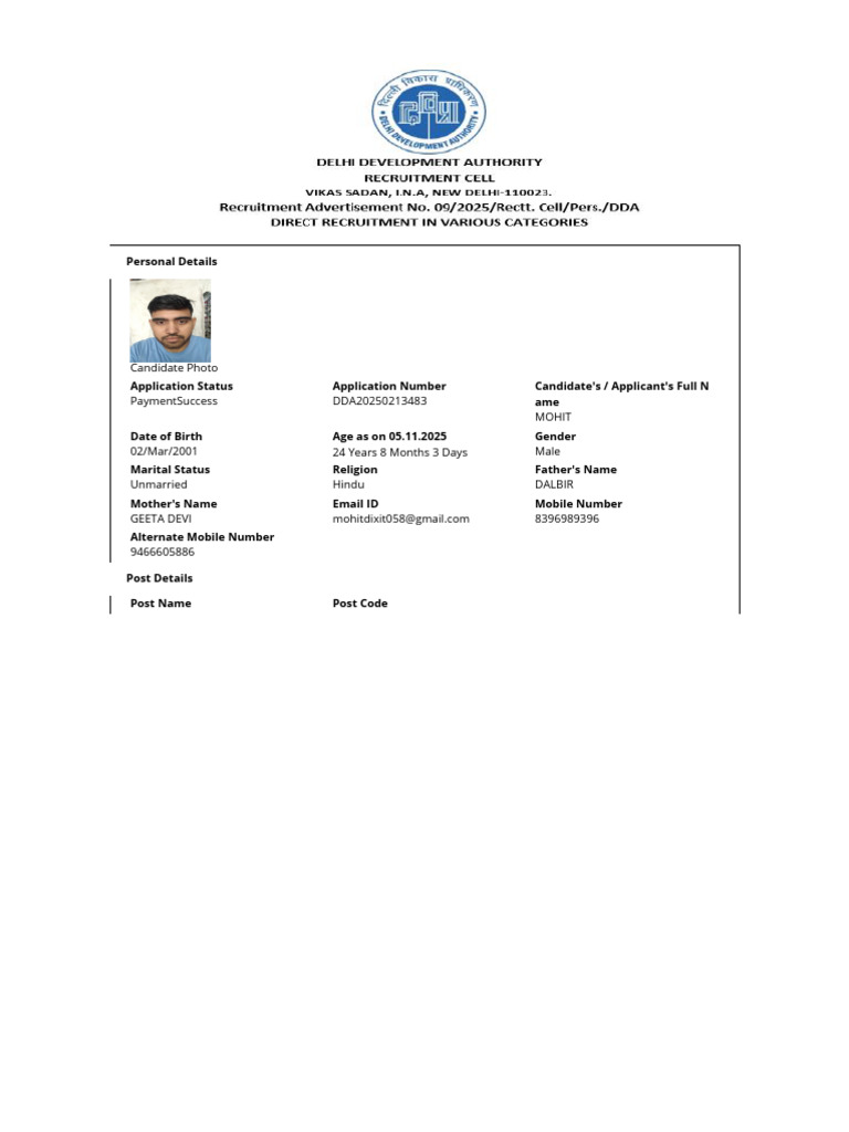 DDA MTS Application Details for Mohit | PDF | Justice | Crime & Violence