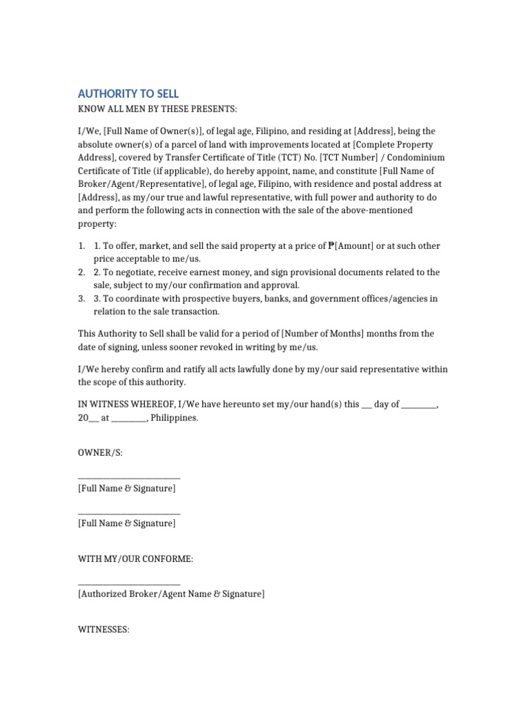 Authority to Sell Property Document | PDF