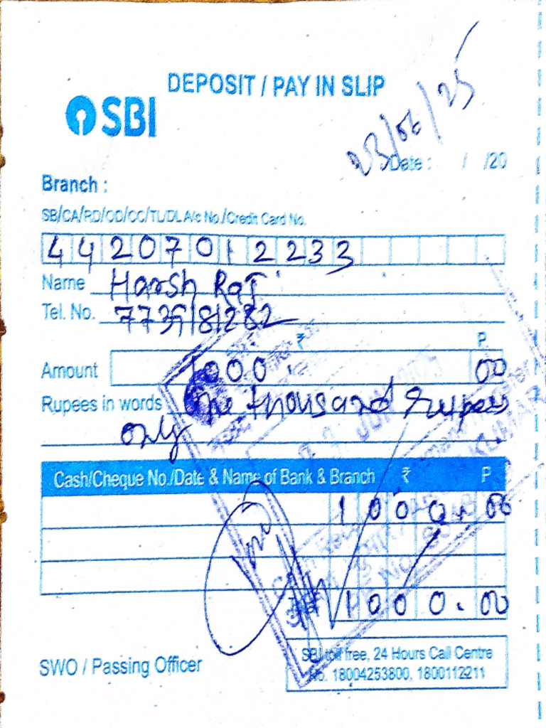 OSBI Deposit/Pay In Slip Template | PDF