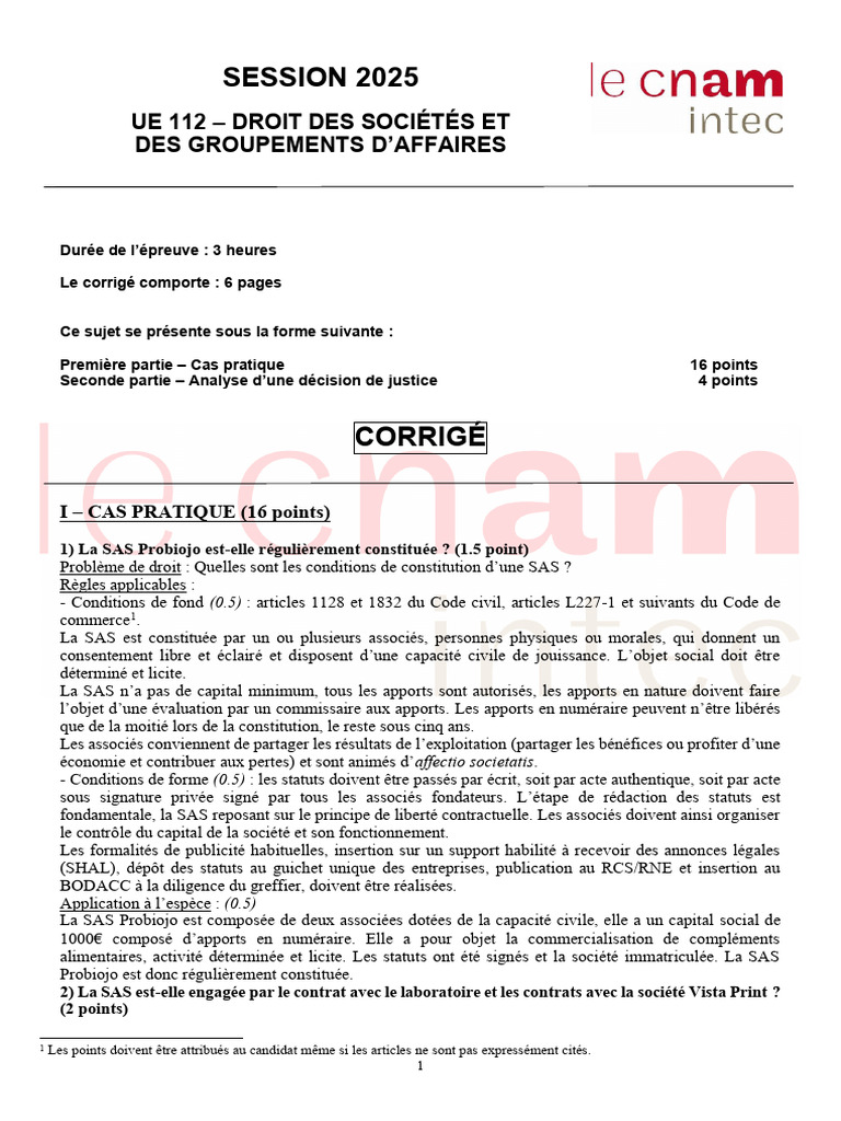 Droit des sociétés : Cas pratique SAS 2025 | PDF