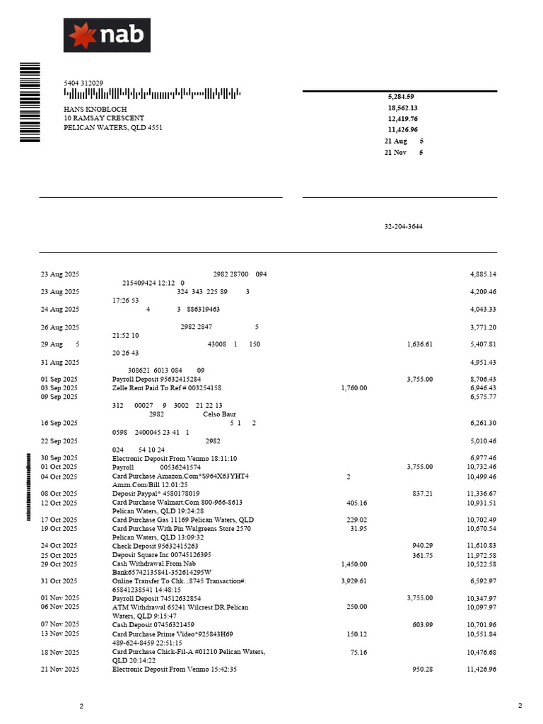 NAB Account Statement Summary 2025 | PDF | Debits And Credits | Debit Card
