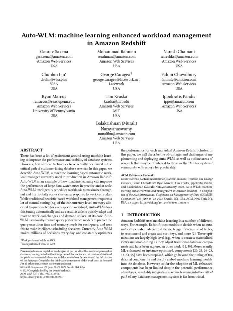 Auto-WLM: Machine Learning Enhanced Workload Management in Amazon ...