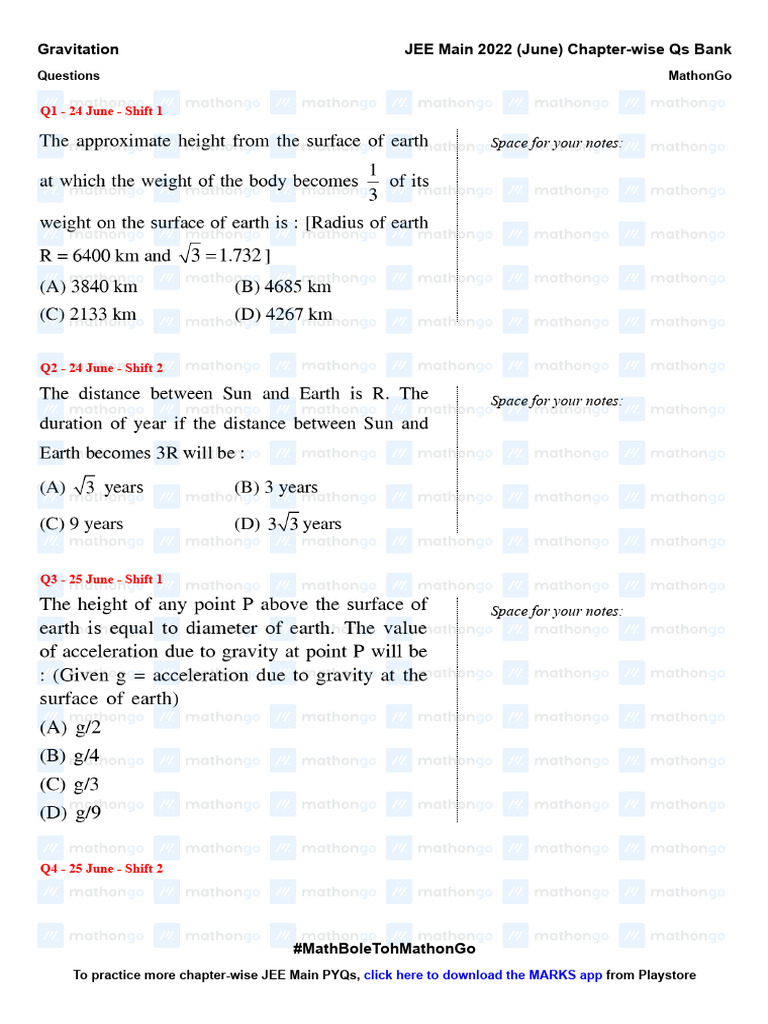 JEE Main 2022 Gravitation Questions | PDF