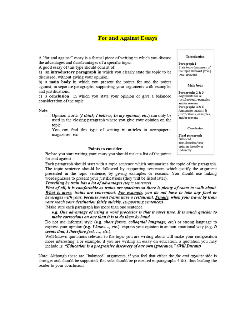 For and Against Essay Writing Guide | PDF | Argument | Essays