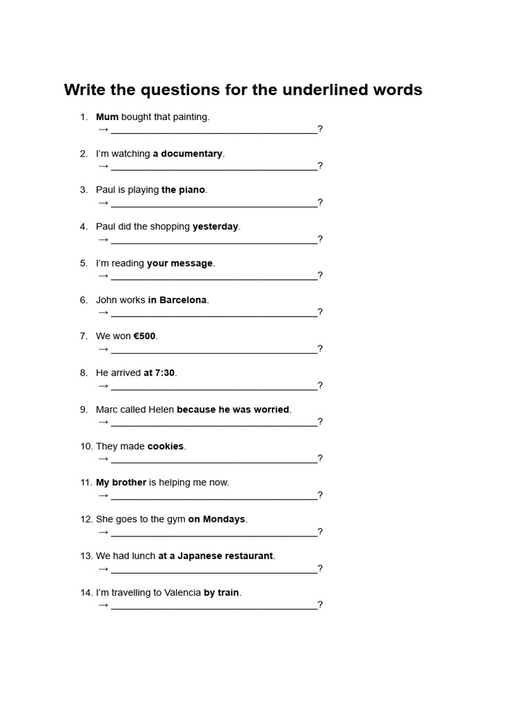 Write The Questions For The Underlined Words | PDF