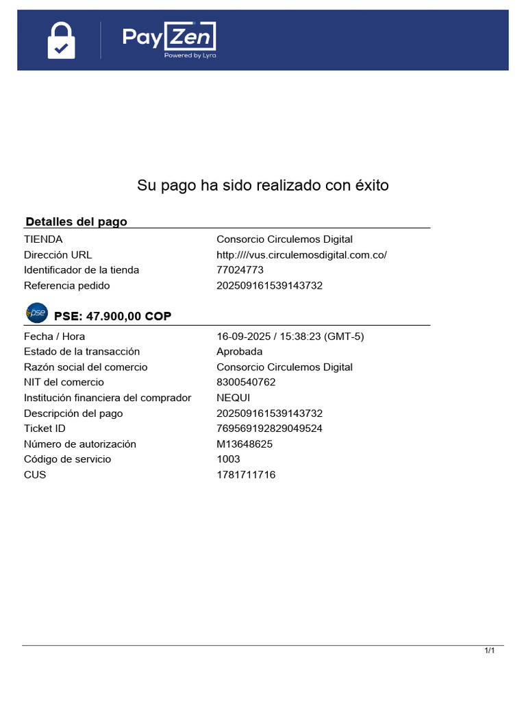 Confirmación de Pago Exitoso en Circulemos | PDF