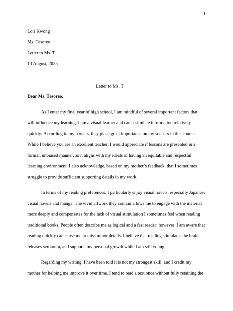 High School Learning Preferences Letter | PDF