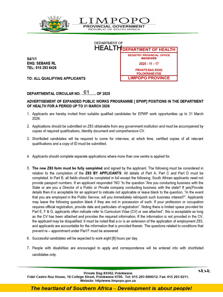 Departmental Circular No 61 of 2025 EPWP ADVERT | PDF | Psychological ...